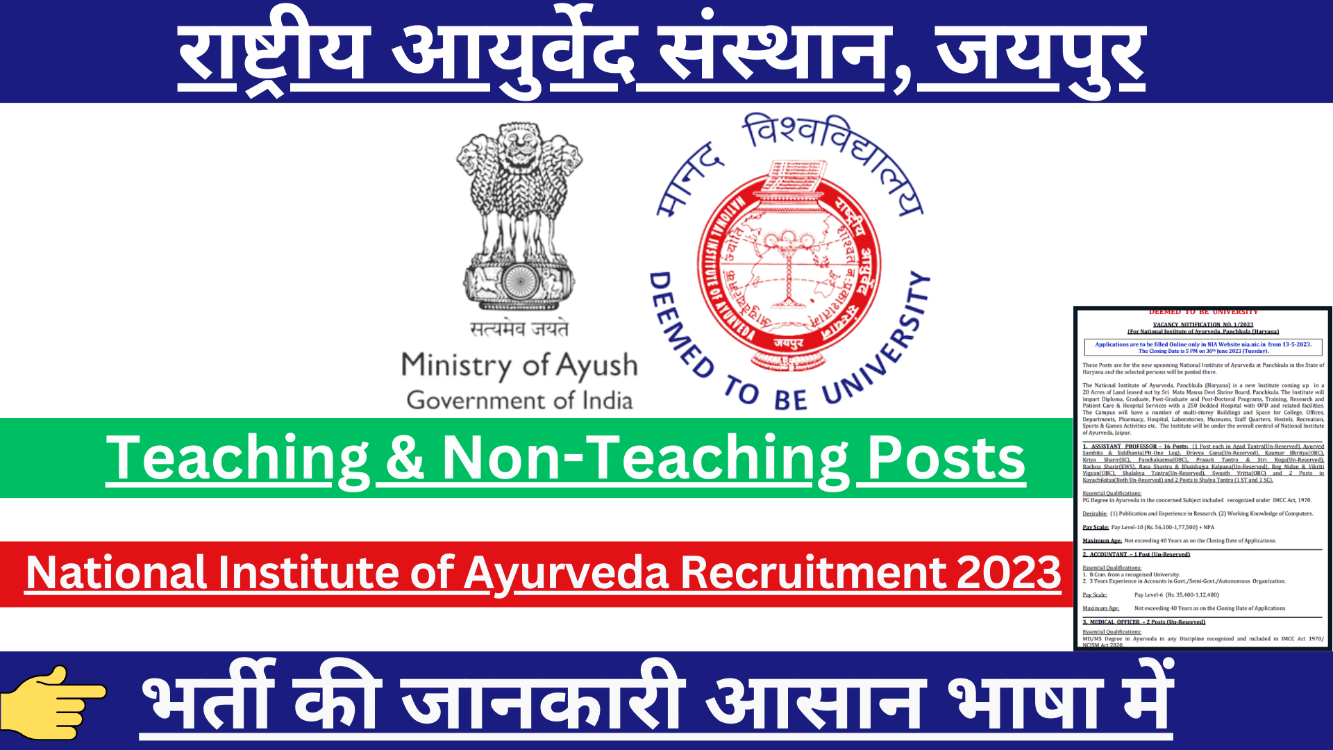 National Institute of Ayurveda Recruitment 2023
