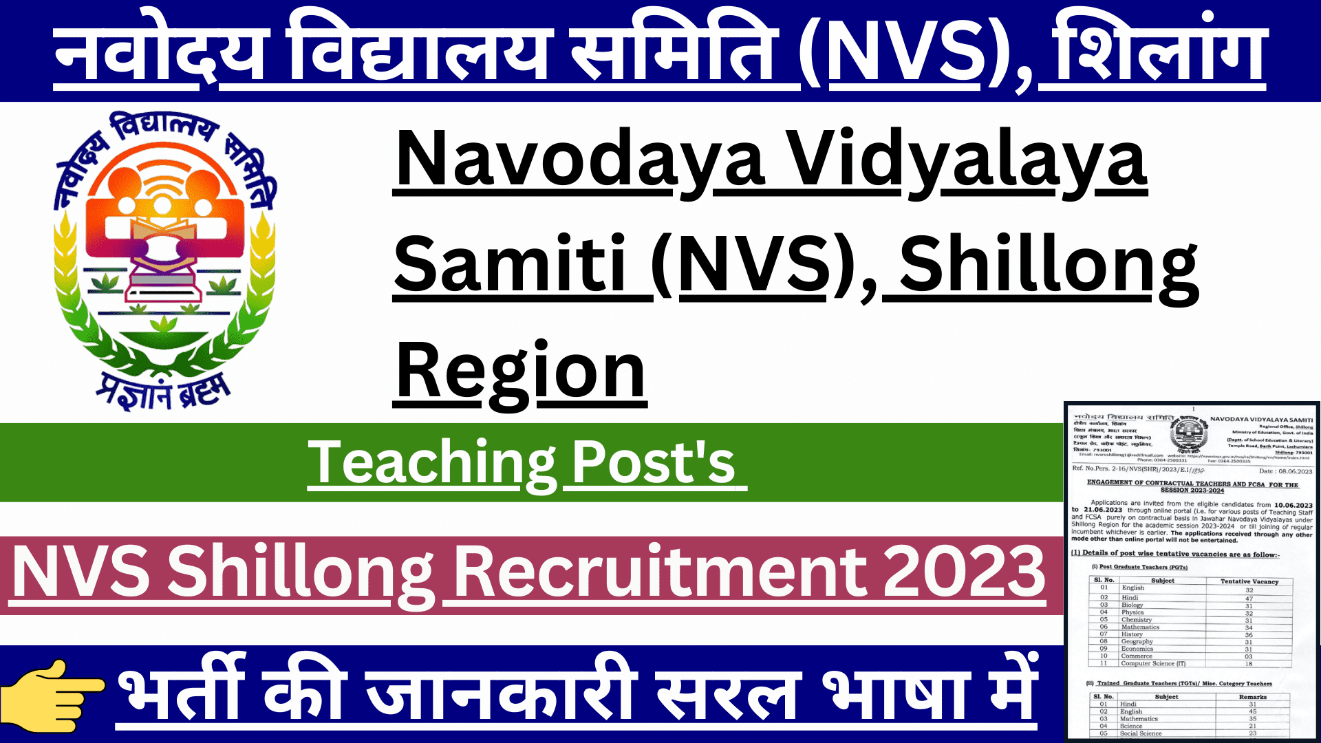NVS Shillong Contractual Teacher Recruitment 2023