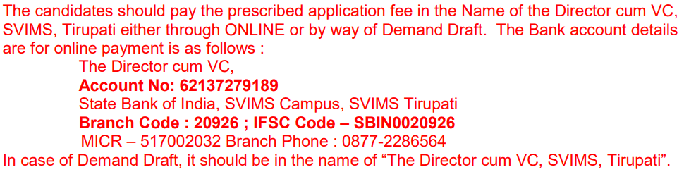 SVIMS Tirupati Teaching Recruitment 2023 Account Details for Application Fee