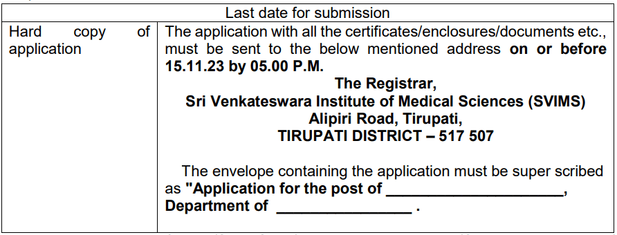 SVIMS Tirupati Teaching Recruitment 2023 Hard Copy Submission Address Details