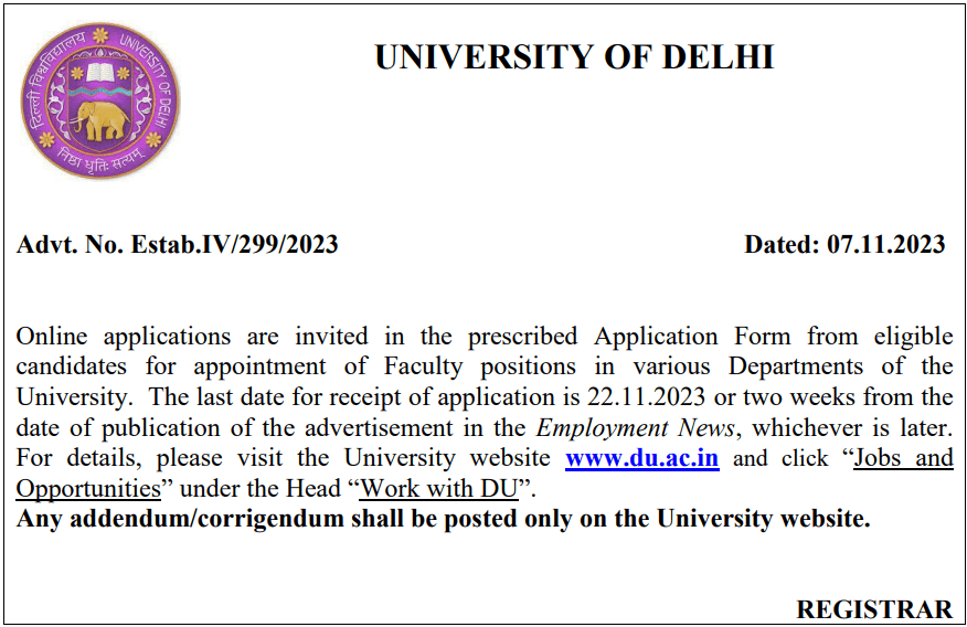 Delhi University Faculty Recruitment 2023 Advertisement